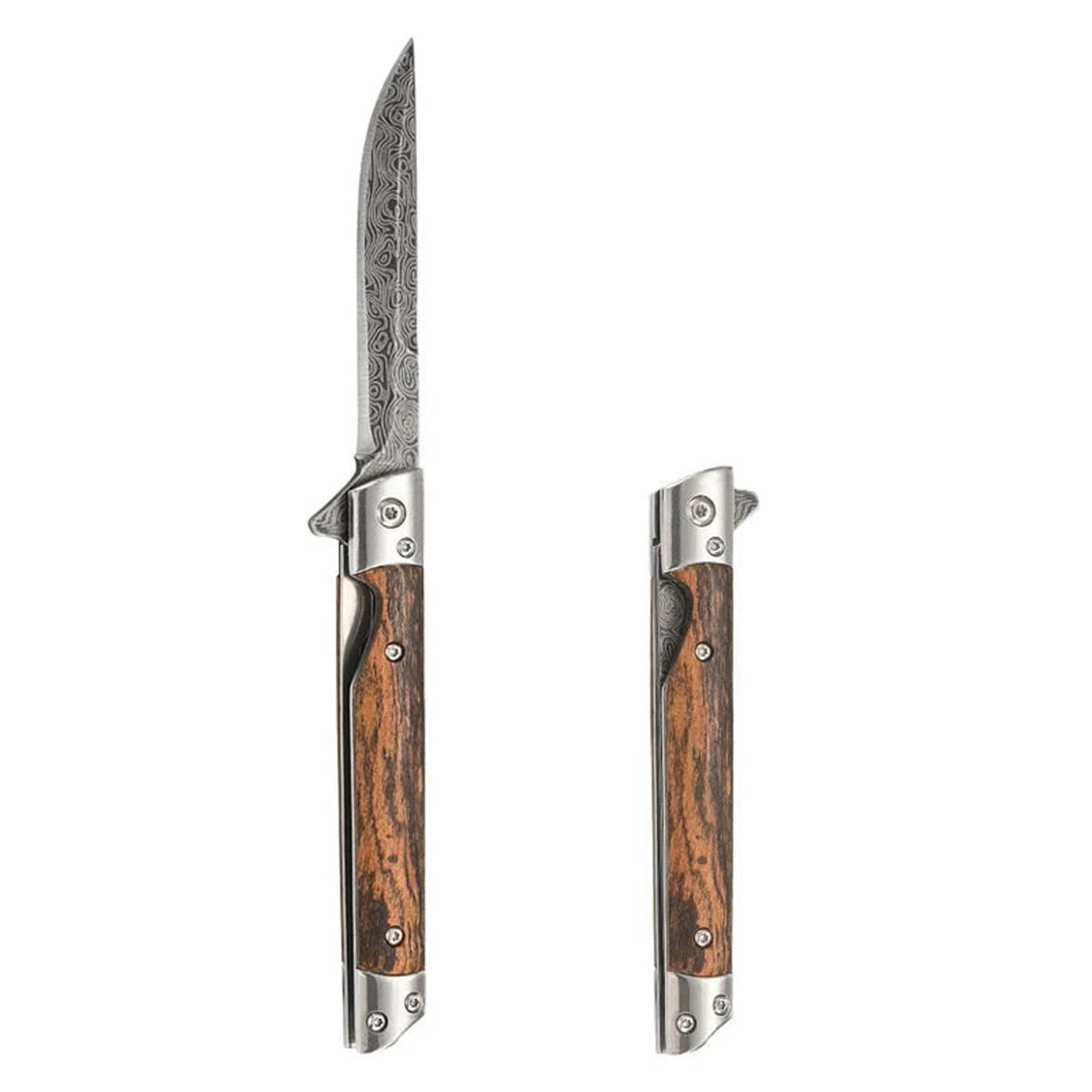 Damascus Pattern Folding Knife With Natural Wood Handle And Stainless Steel Blade - Image 7