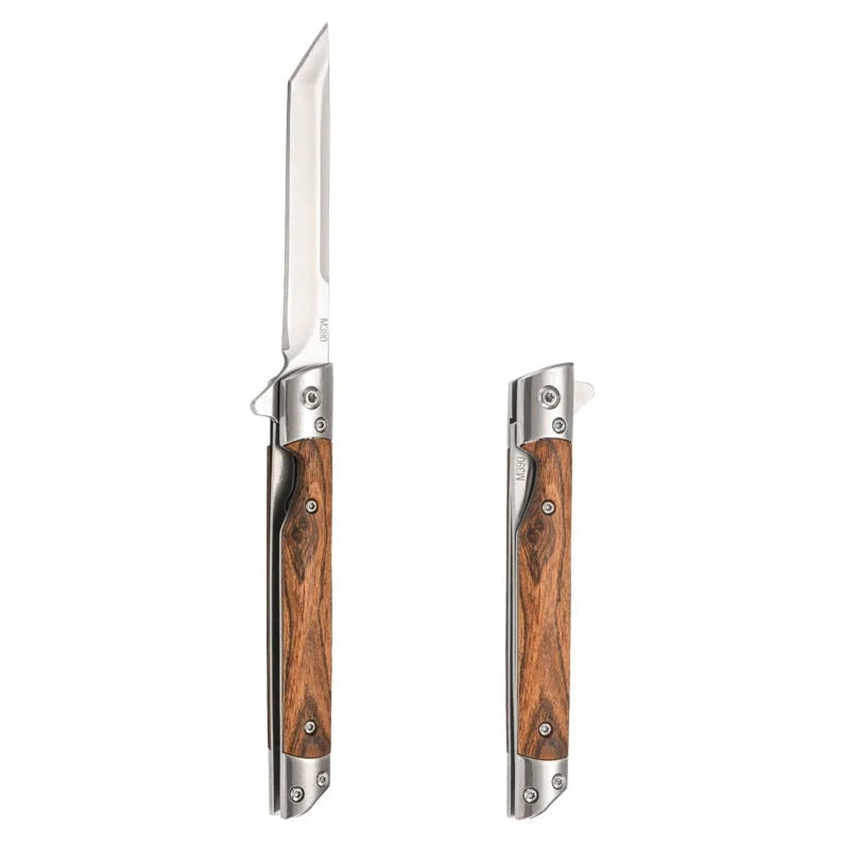 Damascus Pattern Folding Knife With Natural Wood Handle And Stainless Steel Blade - Image 6