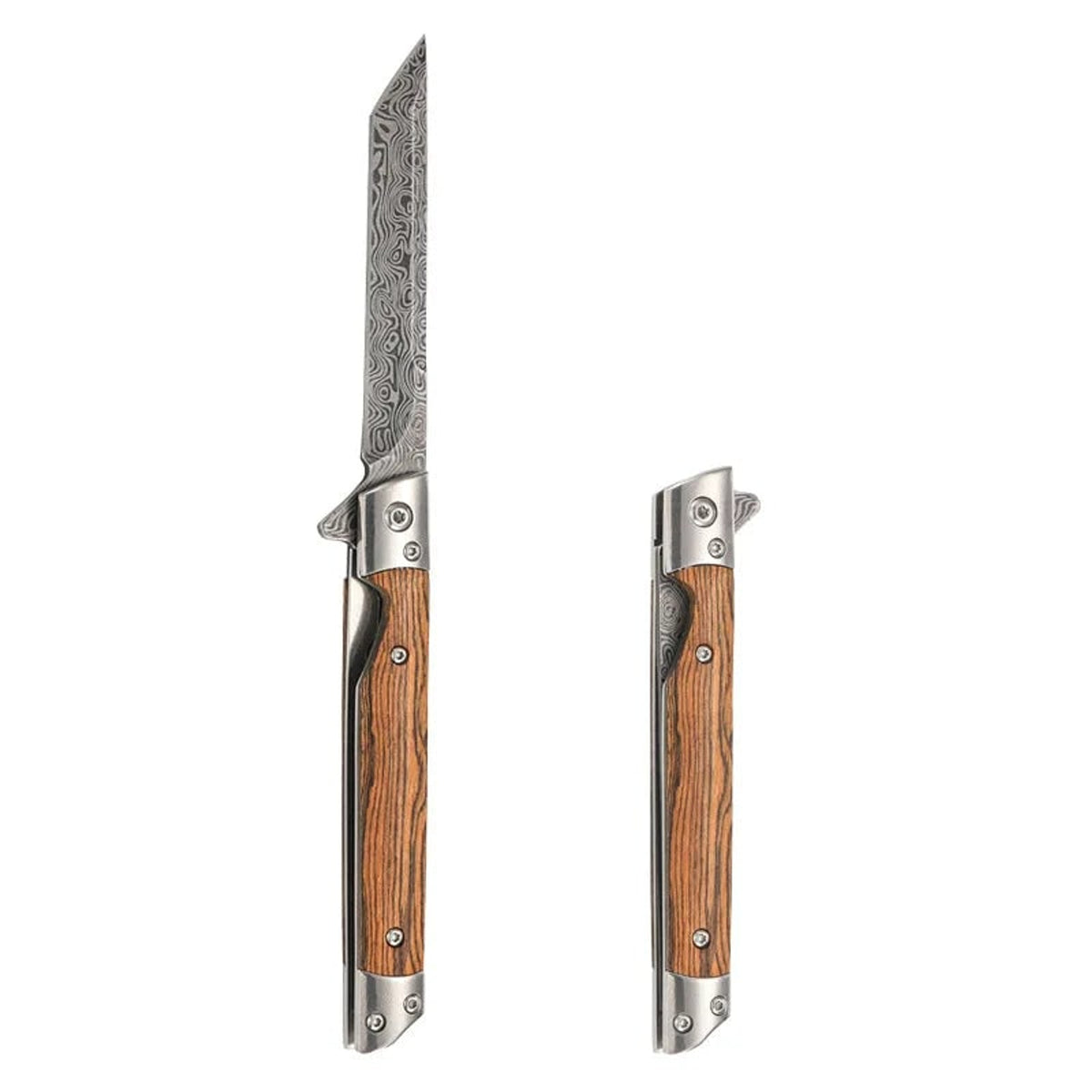 Damascus Pattern Folding Knife With Natural Wood Handle And Stainless Steel Blade - Image 5