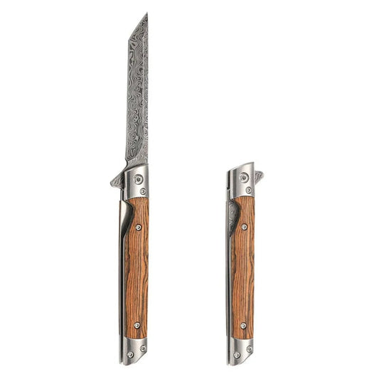 Damascus Pattern Folding Knife With Natural Wood Handle And Stainless Steel Blade - Image 5