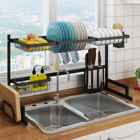 Dish Drying Rack Over Kitchen Sink With Multi-Tier Storage Holds Up To 80 Lbs Water Drips Directly Into Huge Room Saving Design - Image 9