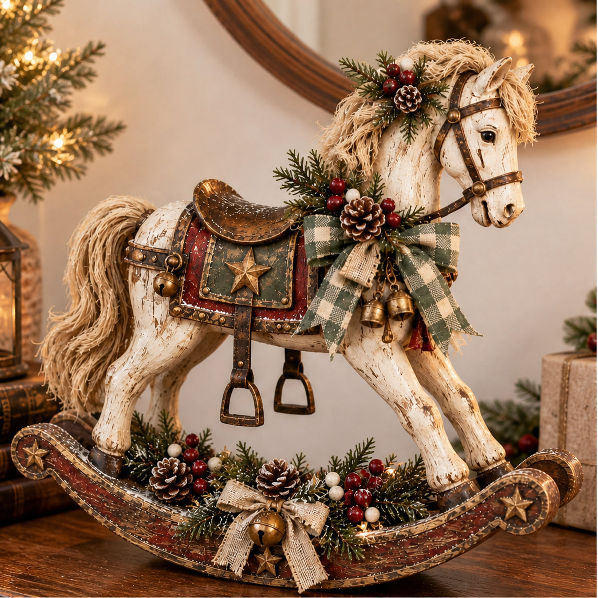 Distressed Whitewash Rocking Horse Christmas Tabletop Decor - Image 3