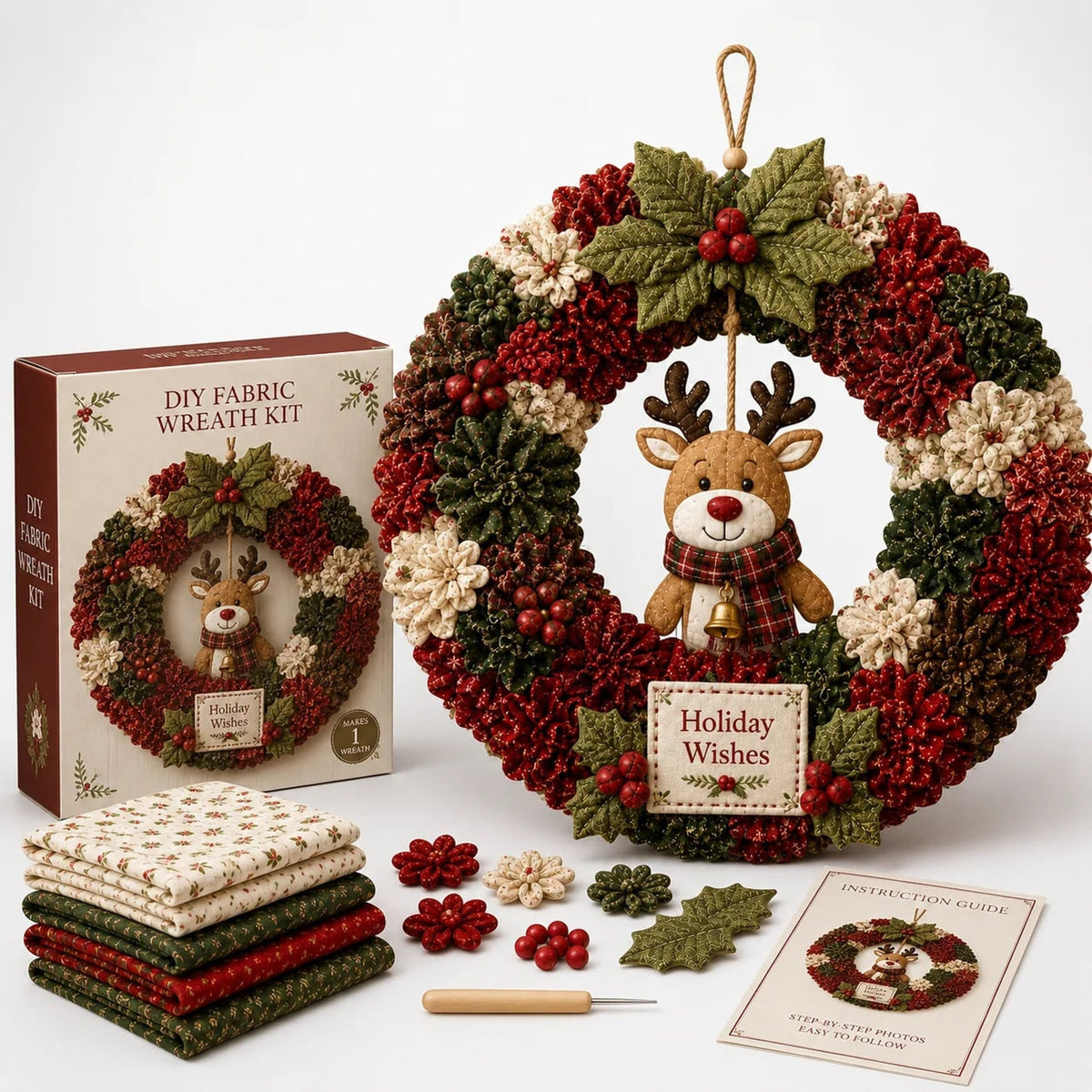 Diy Christmas Wreath Craft Kit With 3D Fabric Flowers - Image 4