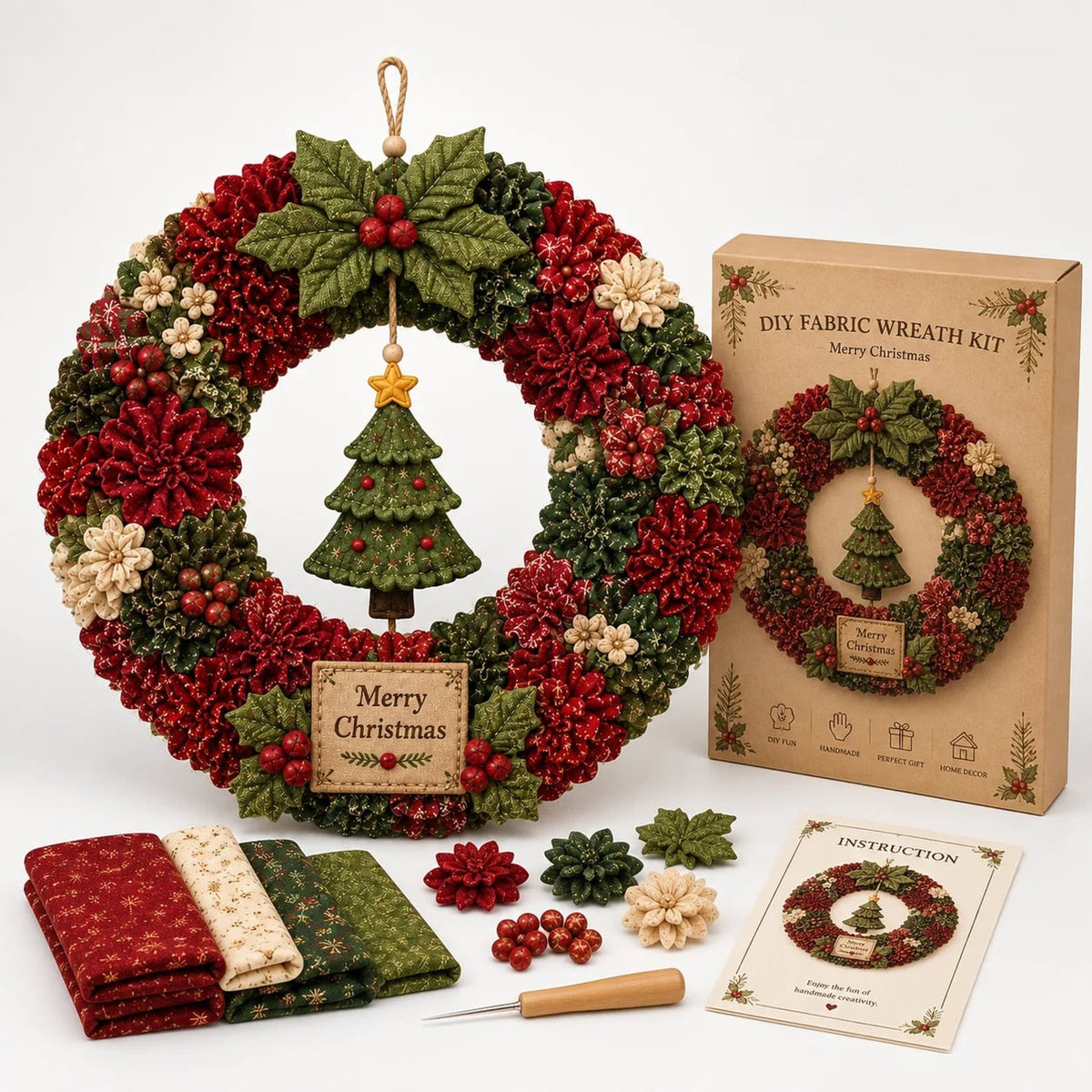 Diy Christmas Wreath Craft Kit With 3D Fabric Flowers - Image 7