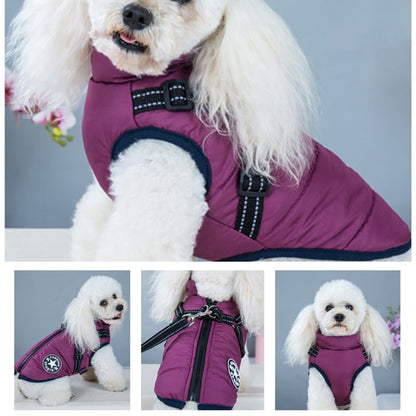 Dog Winter Coat With Harness Waterproof Quilted Red And Navy Jacket For Pets - Image 5