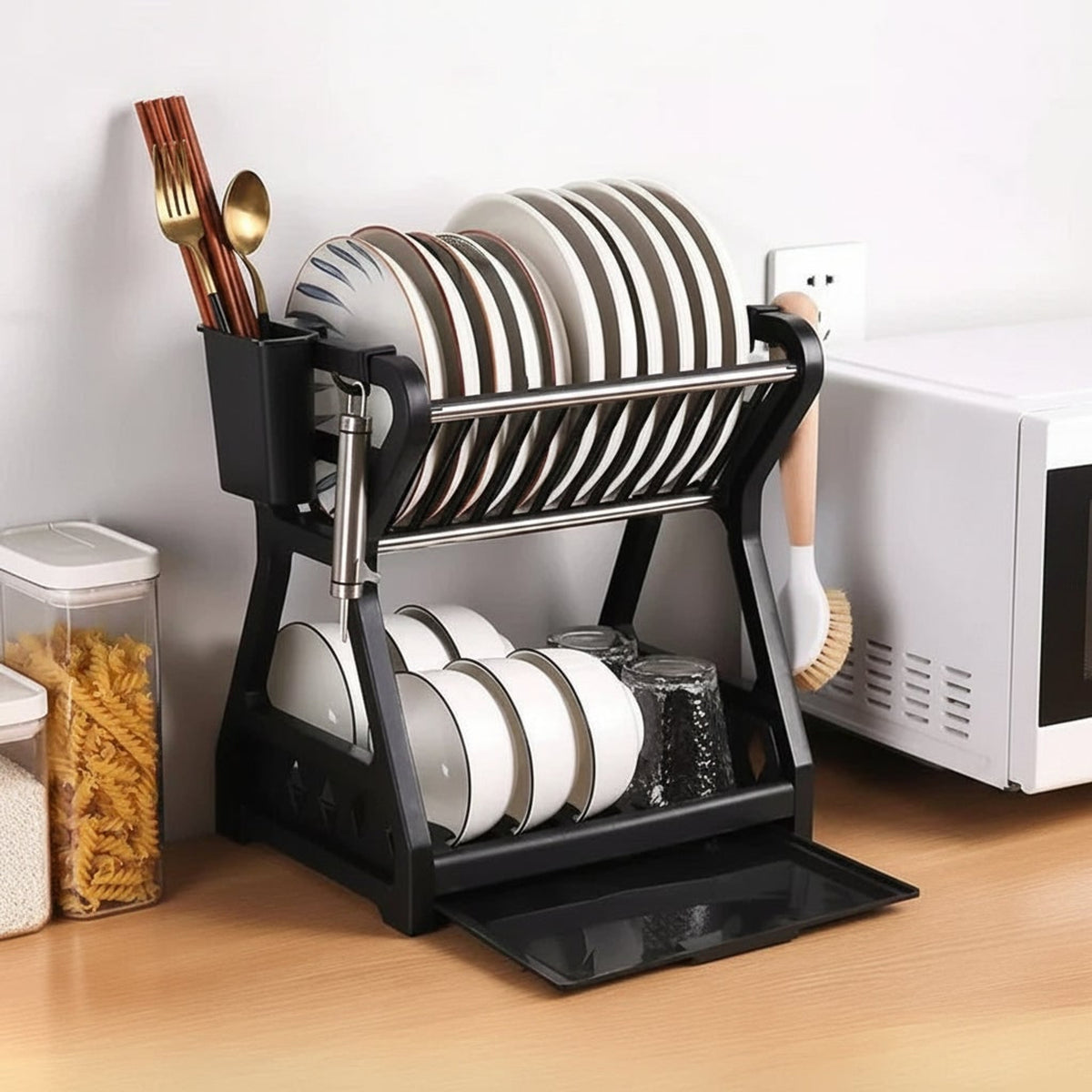 Drainpro 2 Tier Dish Drainer With Cutlery Holder And Drip Tray - Image 1