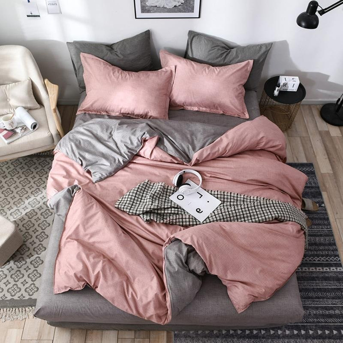 Duvet Cover Set Reversible Solid Patterned Microfiber Bedding - Image 4