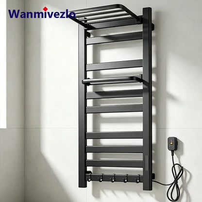 Electric Heated Towel Rail Wall Mounted With Top Storage Shelf And 5 Hooks Fast Heating - Image 1