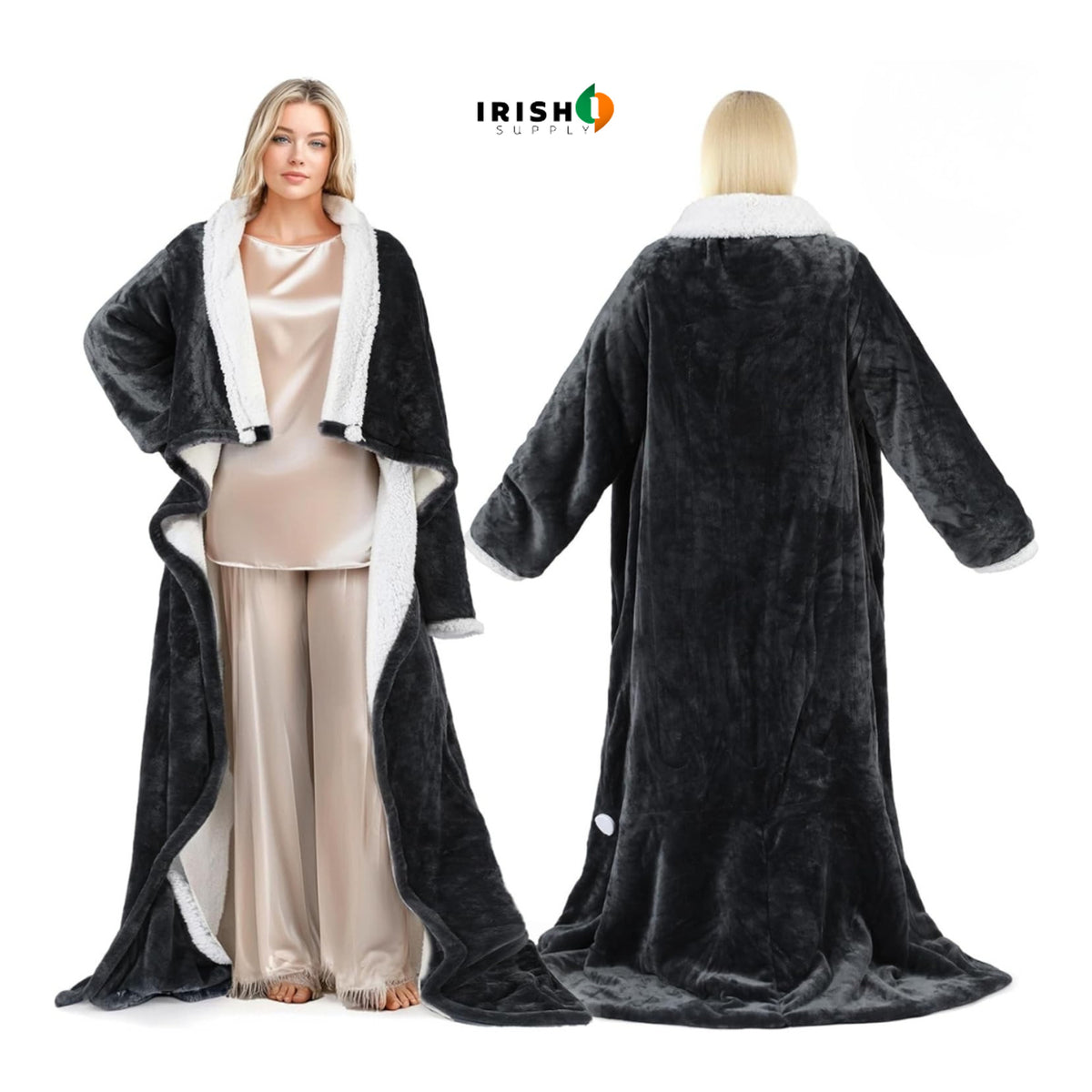 Flannel Sherpa Wearable Heated Blanket With Foot Pockets And Remote Control - Image 1