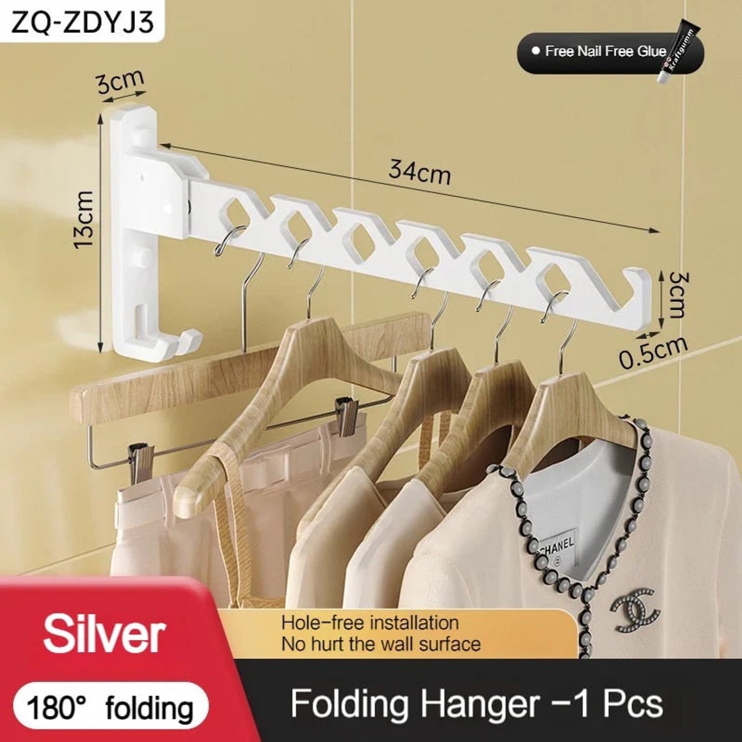 Folding Clothes Rack Wall Mounted Drying Foldable Arm With Multiple Hanging Slots And Hook - Image 10