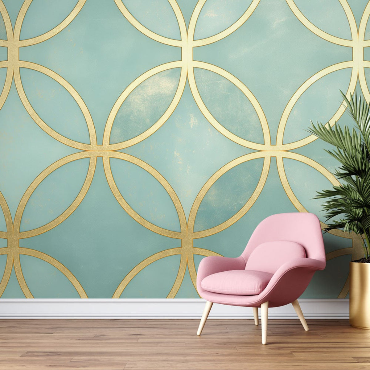 Geometric Mural Wallpaper With Art Deco Gold Circles - Image 1