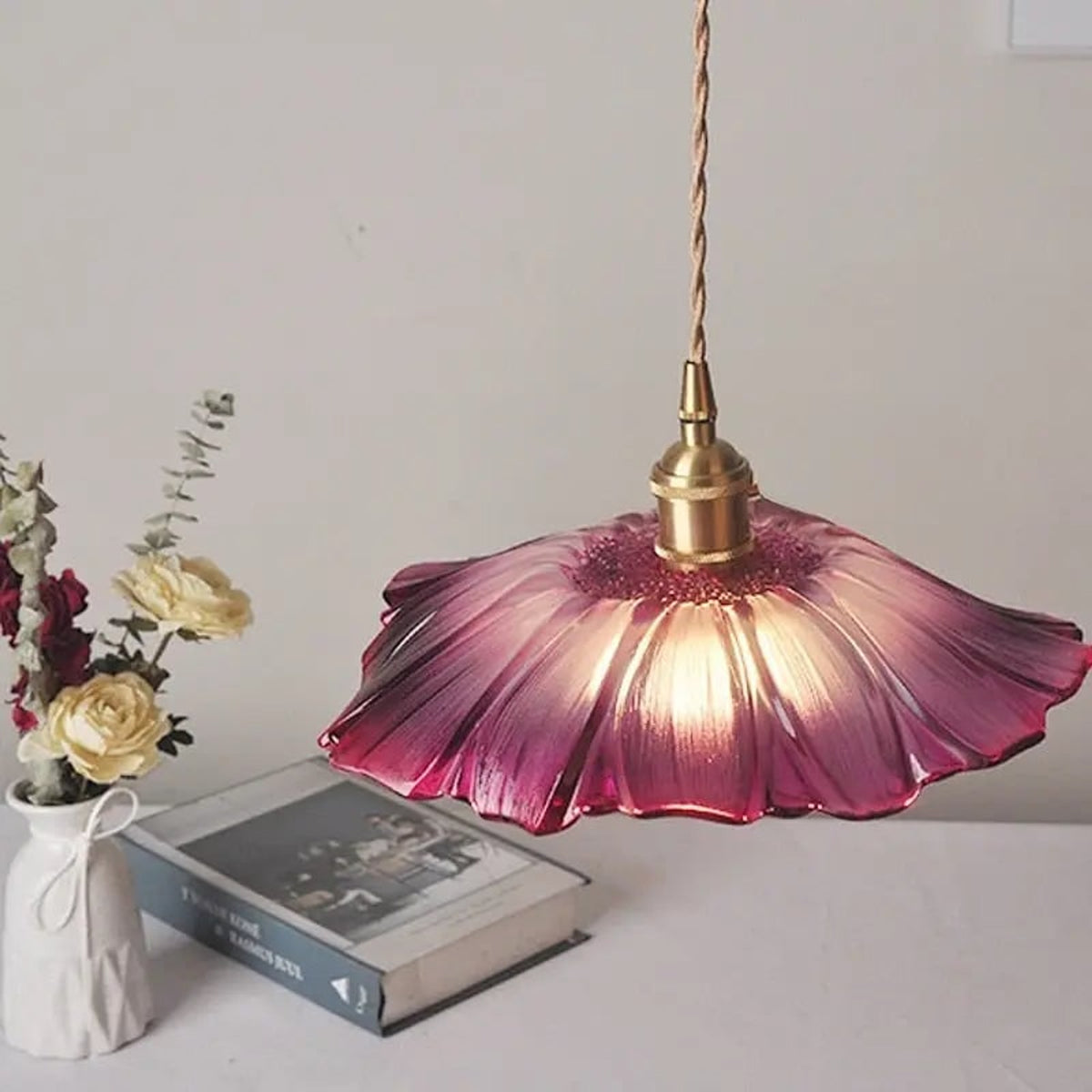 Glass Flower Pendant Light With Twisted Cord And Brass Fitting - Image 1