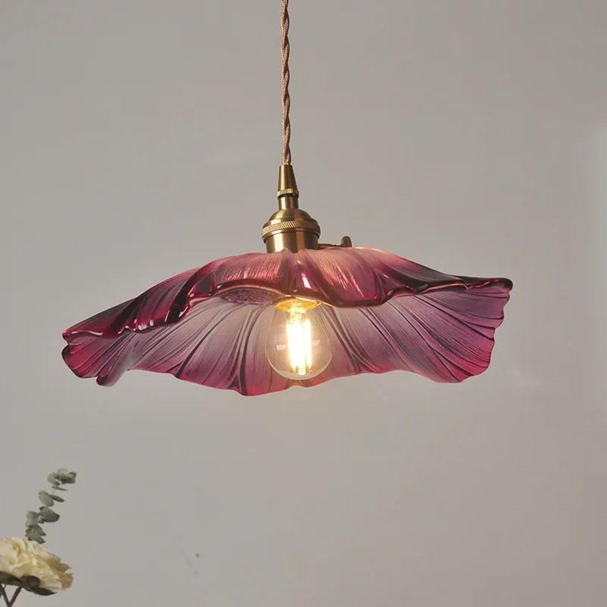Glass Flower Pendant Light With Twisted Cord And Brass Fitting - Image 3