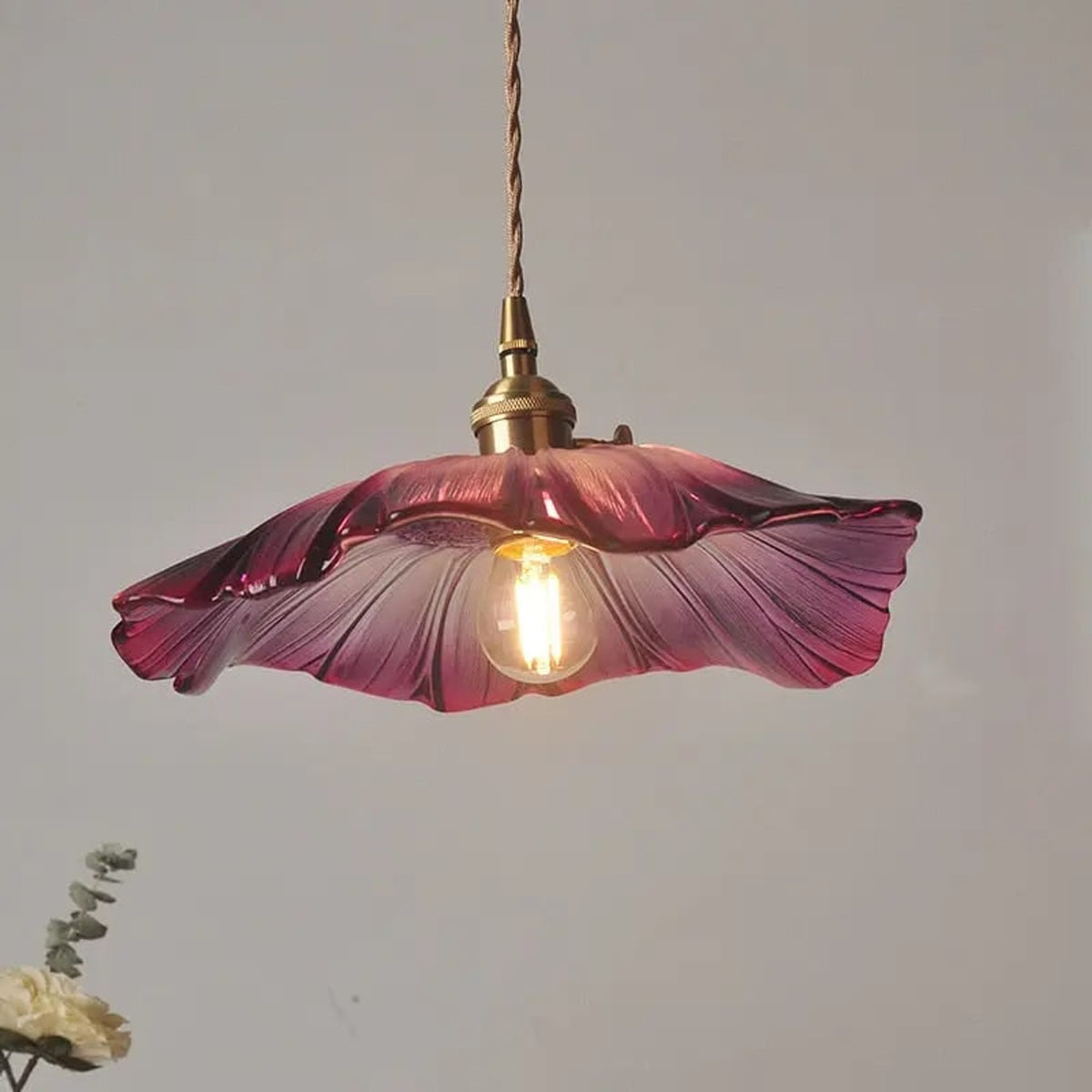 Glass Flower Pendant Light With Twisted Cord And Brass Fitting - Image 2