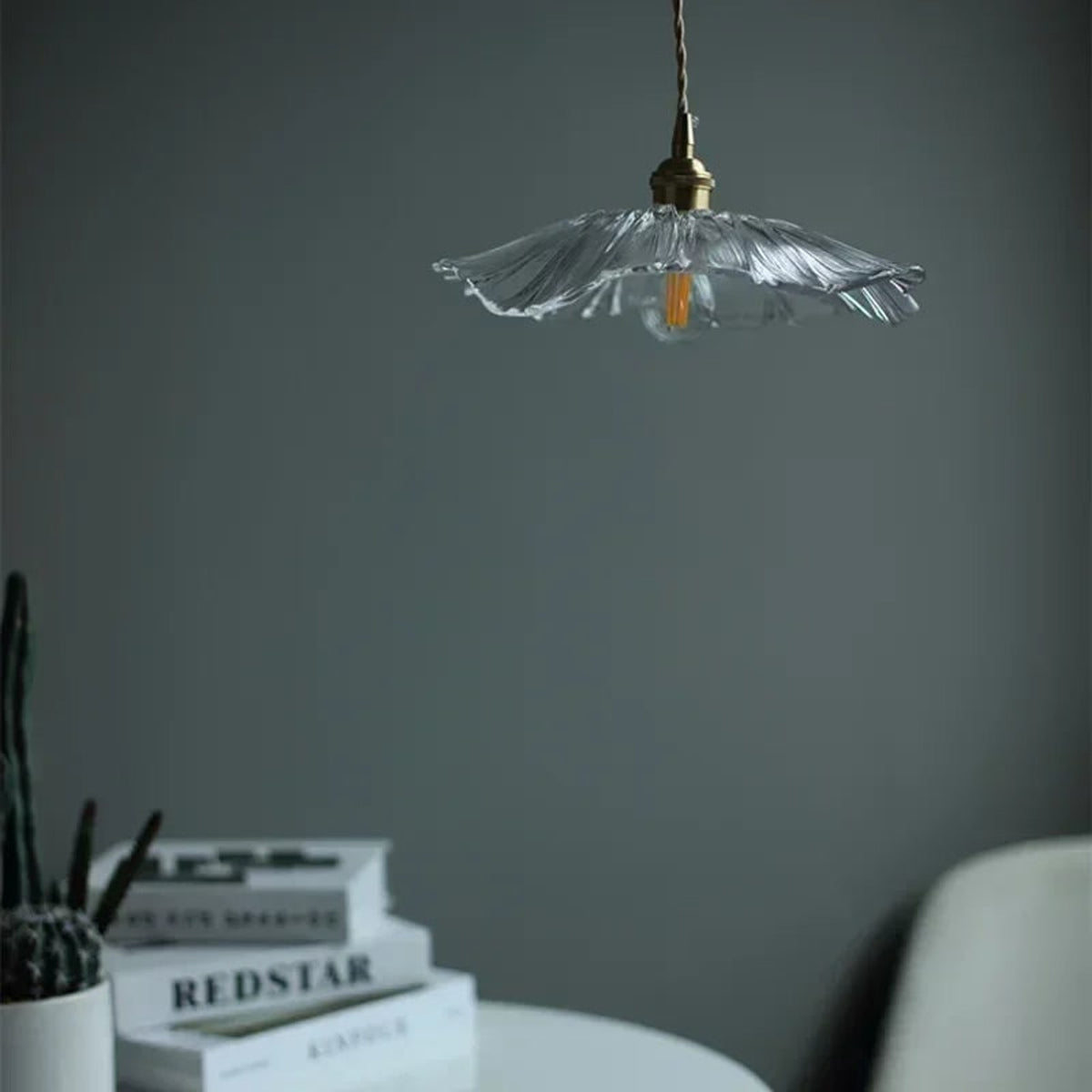 Glass Flower Pendant Light With Twisted Cord And Brass Fitting - Image 5