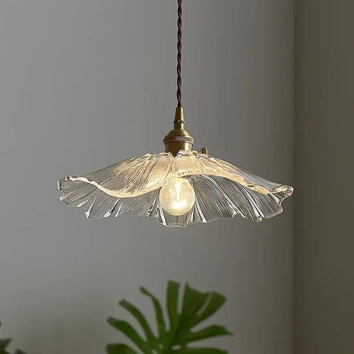 Glass Flower Pendant Light With Twisted Cord And Brass Fitting - Image 4