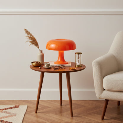 Glossy Orange Mid-Century Rechargeable Table Lamp With Mushroom Silhouette - Image 1