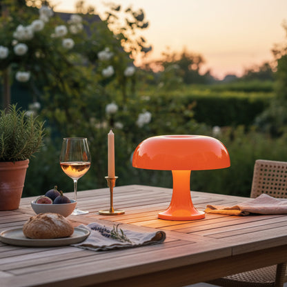 Glossy Orange Mid-Century Rechargeable Table Lamp With Mushroom Silhouette - Image 2