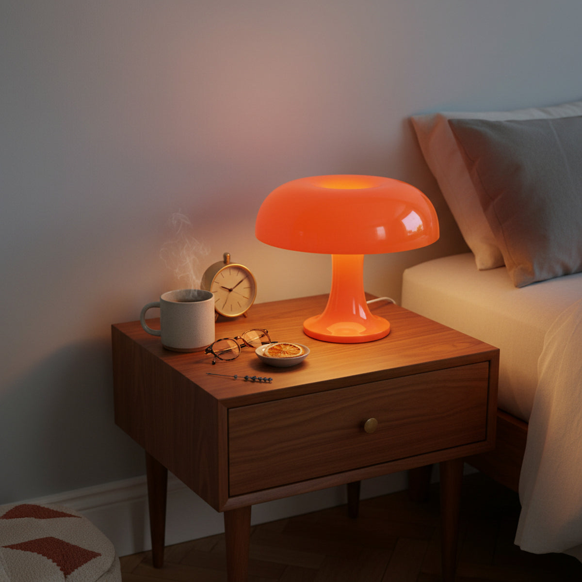 Glossy Orange Mid-Century Rechargeable Table Lamp With Mushroom Silhouette - Image 5