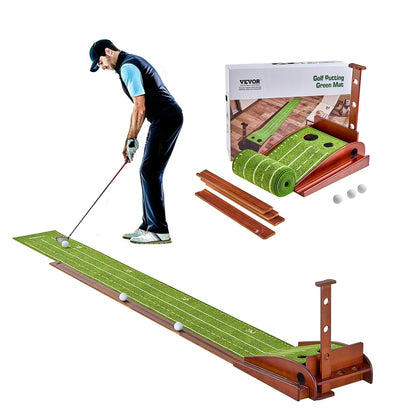 Golf Putting Mat With Auto Ball Return Indoor Practice Green With Alignment Guide And Wood Base - Image 1