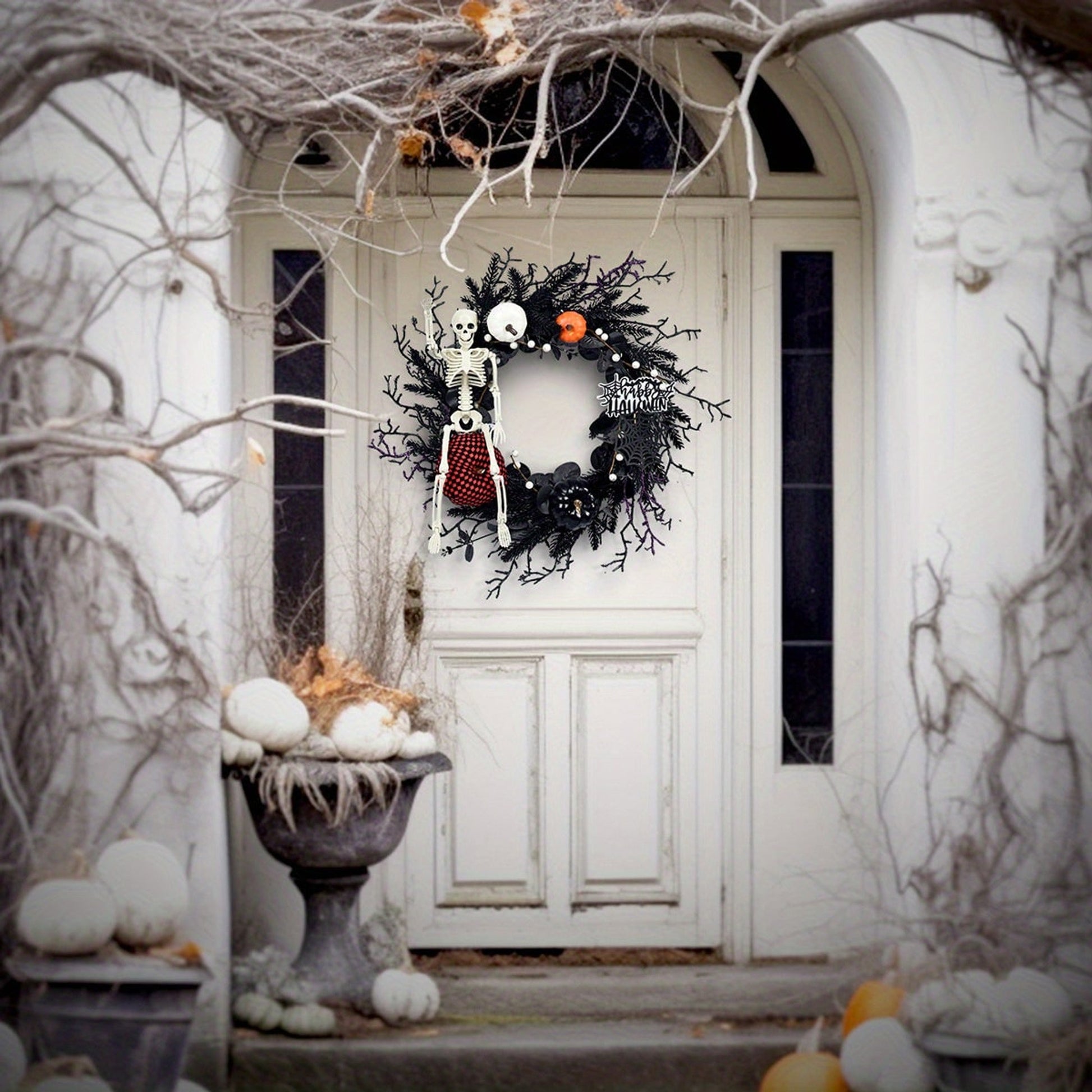 Gothic Halloween Wreath With Skeleton And Pumpkin Door Decor Wall Hanging Ready For Halloween Decor - Image 3