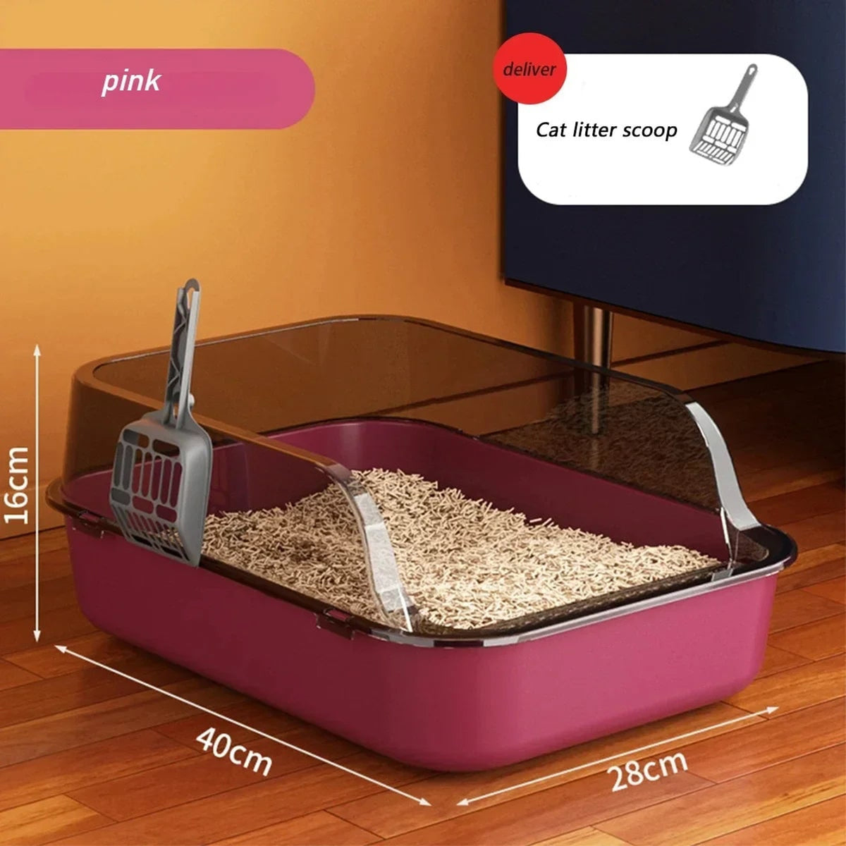 Half Closed Cat Litter Box With Splash Guard And Included Scoop - Image 6