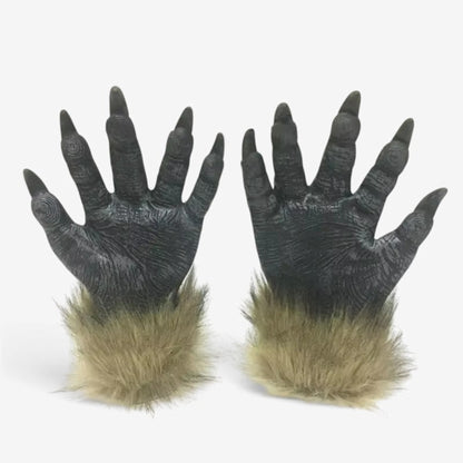 Halloween Costume Gray Werewolf Claw Gloves Fur Cuffs - Image 1