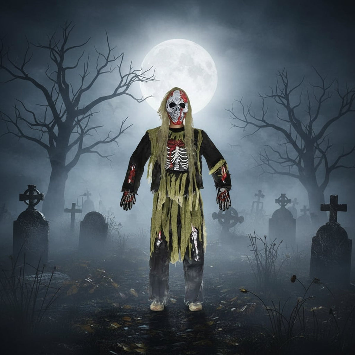 Halloween Costume Kids' Zombie Skeleton With Skull Mask And Gloves Three-Piece Set - Image 2