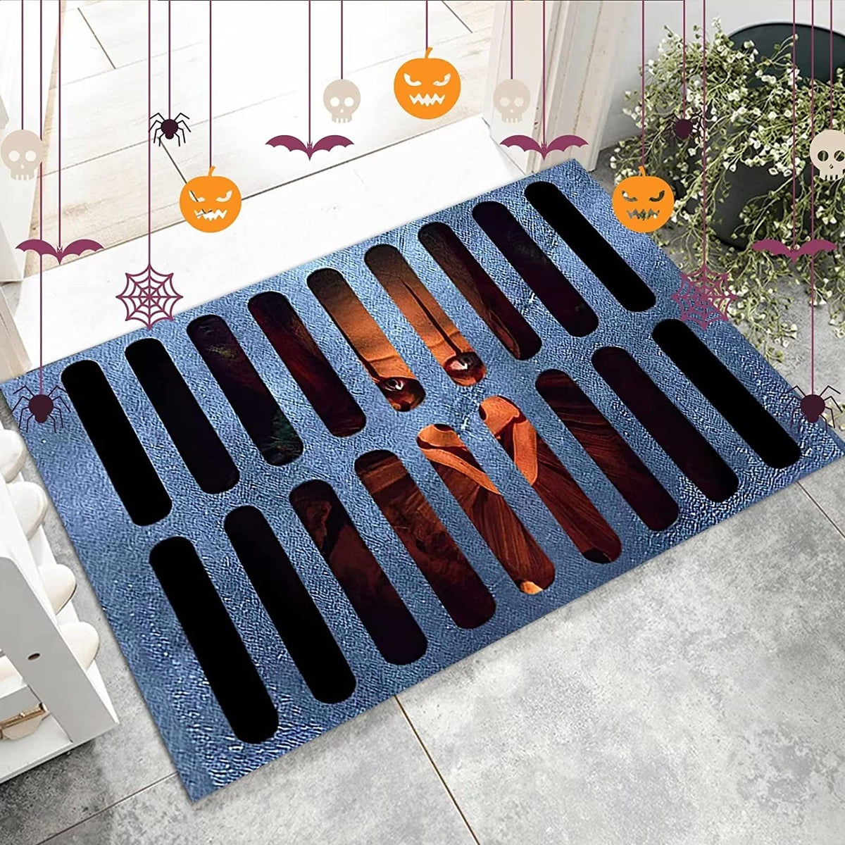 Halloween Doormat Welcome Mat Grate Design Face Blue Black Orange Accents Themed - Image 5