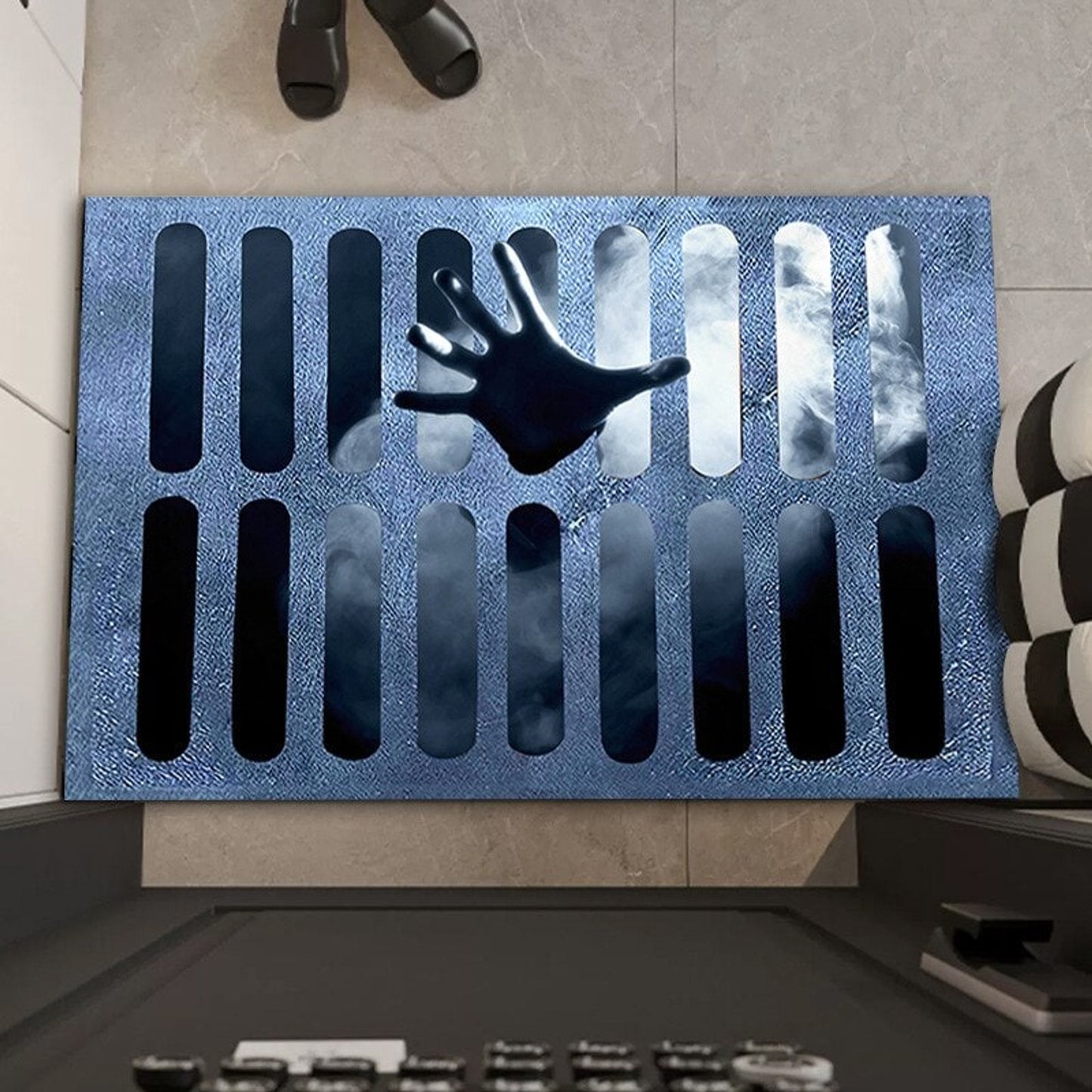 Halloween Doormat Welcome Mat Grate Design Face Blue Black Orange Accents Themed - Image 4