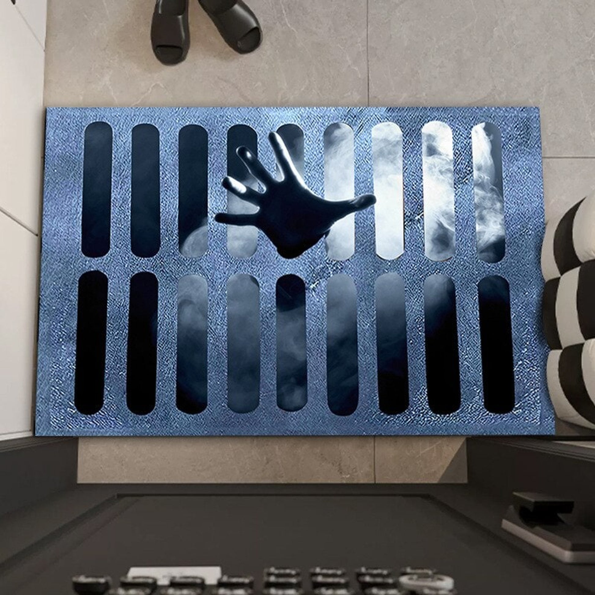Halloween Doormat Welcome Mat Grate Design Face Blue Black Orange Accents Themed - Image 4