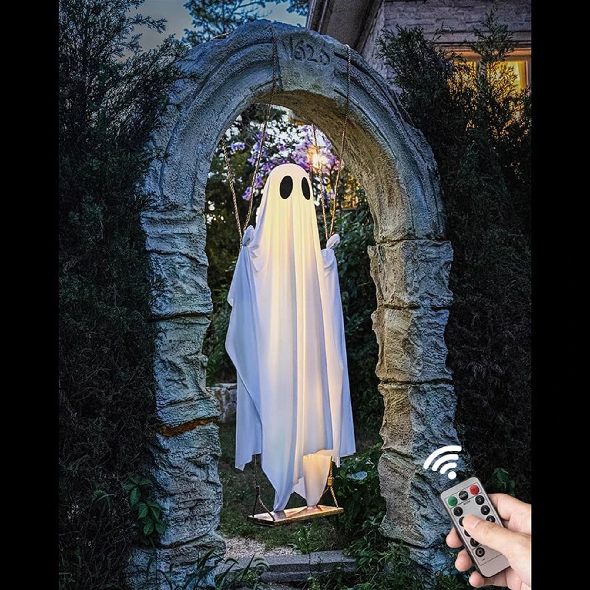 Halloween Ghost Decoration With Integrated LED String Lights Hanging Figure On Swing For Porch Decor - Image 4