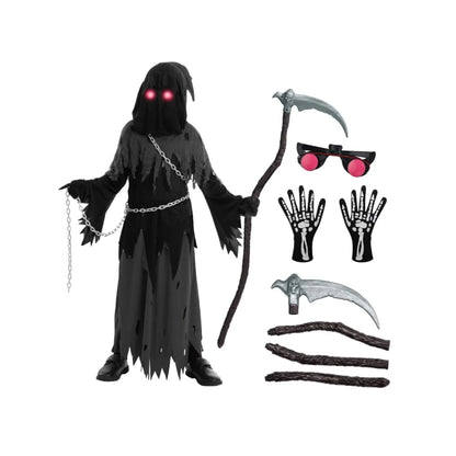 Halloween Grim Reaper Costume For Kids Hooded Robe Set With Glowing Eyes - Image 3