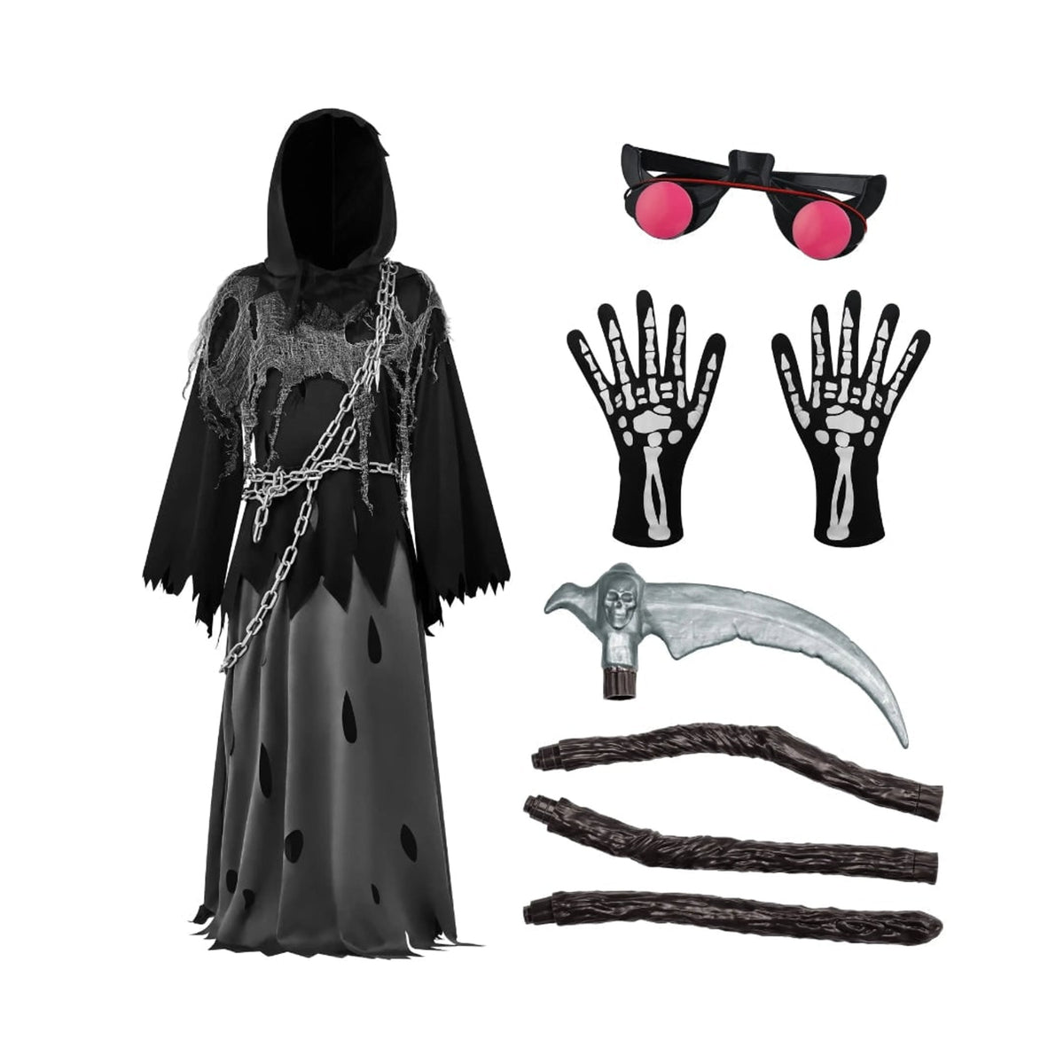 Halloween Grim Reaper Costume For Kids Hooded Robe Set With Glowing Eyes - Image 7