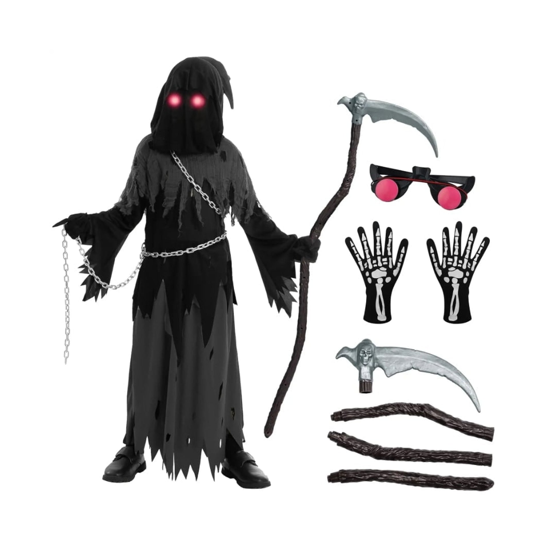Halloween Grim Reaper Costume For Kids Hooded Robe Set With Glowing Eyes - Image 4