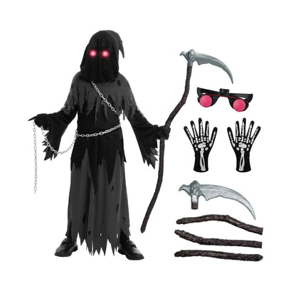 Halloween Grim Reaper Costume For Kids Hooded Robe Set With Glowing Eyes - Image 4