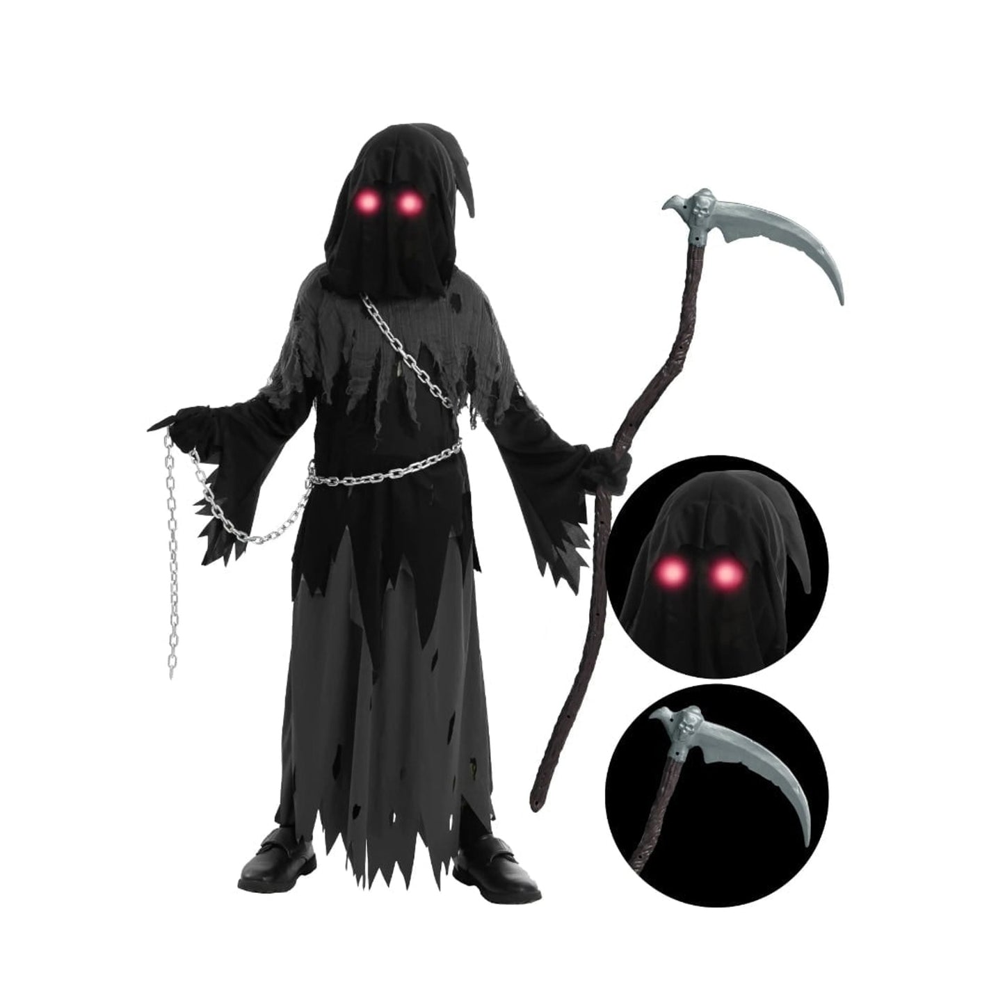 Halloween Grim Reaper Costume For Kids Hooded Robe Set With Glowing Eyes - Image 5