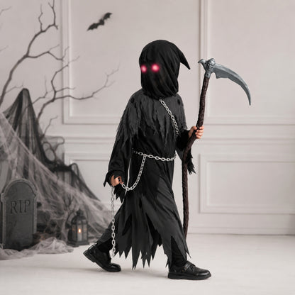 Halloween Grim Reaper Costume For Kids Hooded Robe Set With Glowing Eyes - Image 1