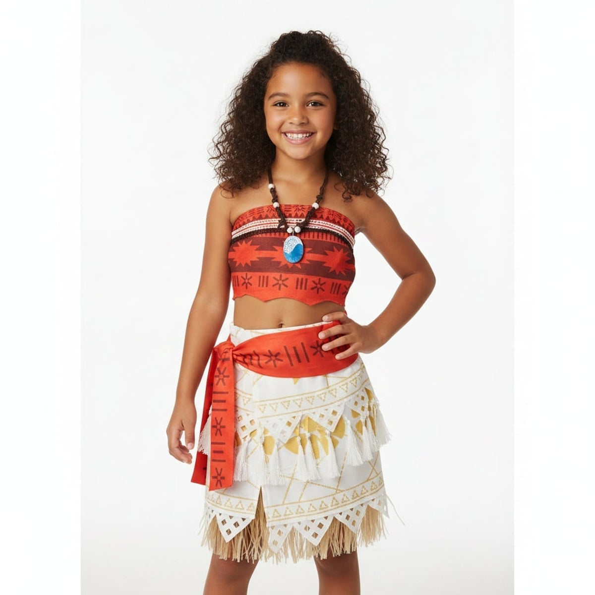 Halloween Princess Costume For Women With Tropical Print Top Grass Skirt And Pendant - Image 6