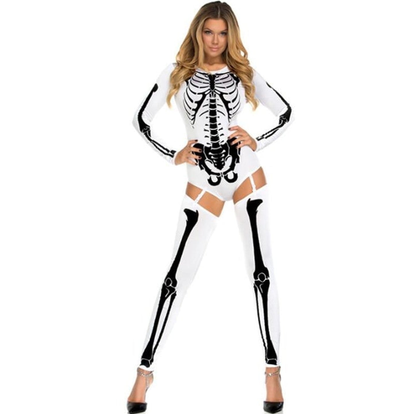 Halloween Skeleton Outfit Costume With Bodysuit And Thigh-High Leggings For Party - Image 3