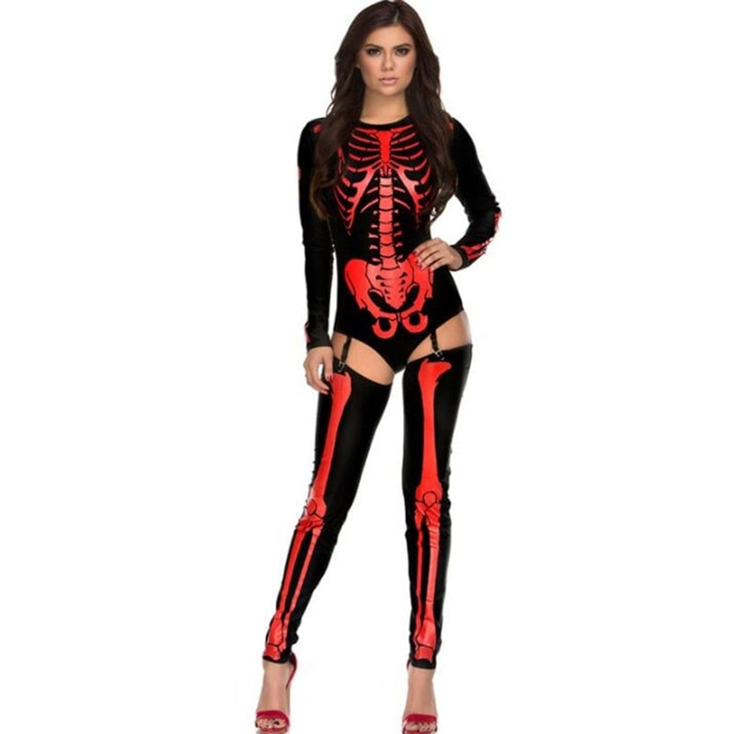 Halloween Skeleton Outfit Costume With Bodysuit And Thigh-High Leggings For Party - Image 4