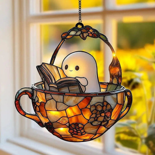 Halloween Suncatcher Stained Glass Hanging Window Decoration With Ghost And Book Design Sunlight-Reactive Color Effect For Decor - Image 2