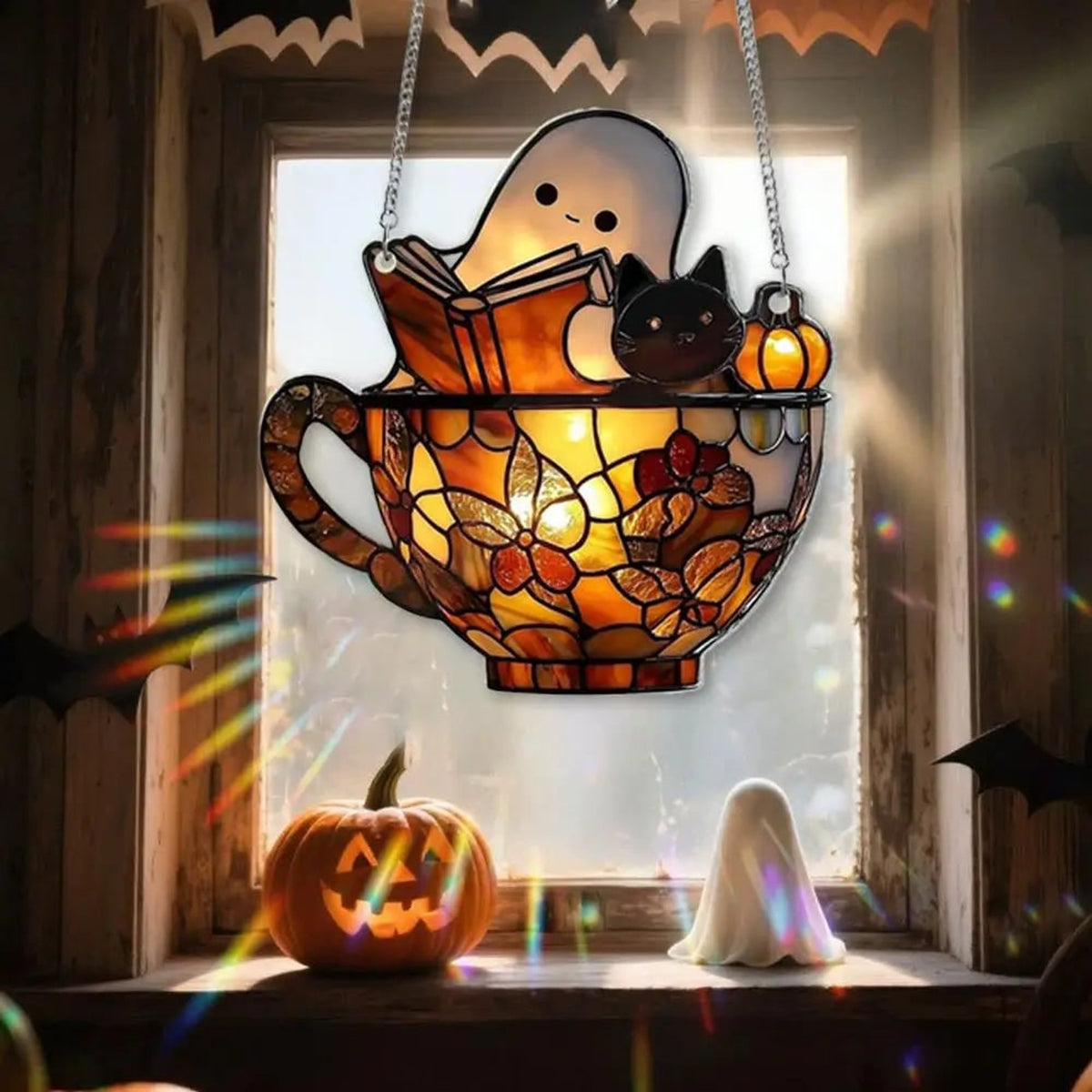 Halloween Suncatcher Stained Glass Hanging Window Decoration With Ghost And Book Design Sunlight-Reactive Color Effect For Decor - Image 3