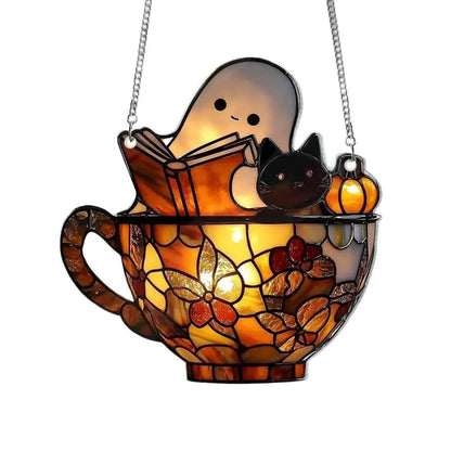 Halloween Suncatcher Stained Glass Hanging Window Decoration With Ghost And Book Design Sunlight-Reactive Color Effect For Decor - Image 4