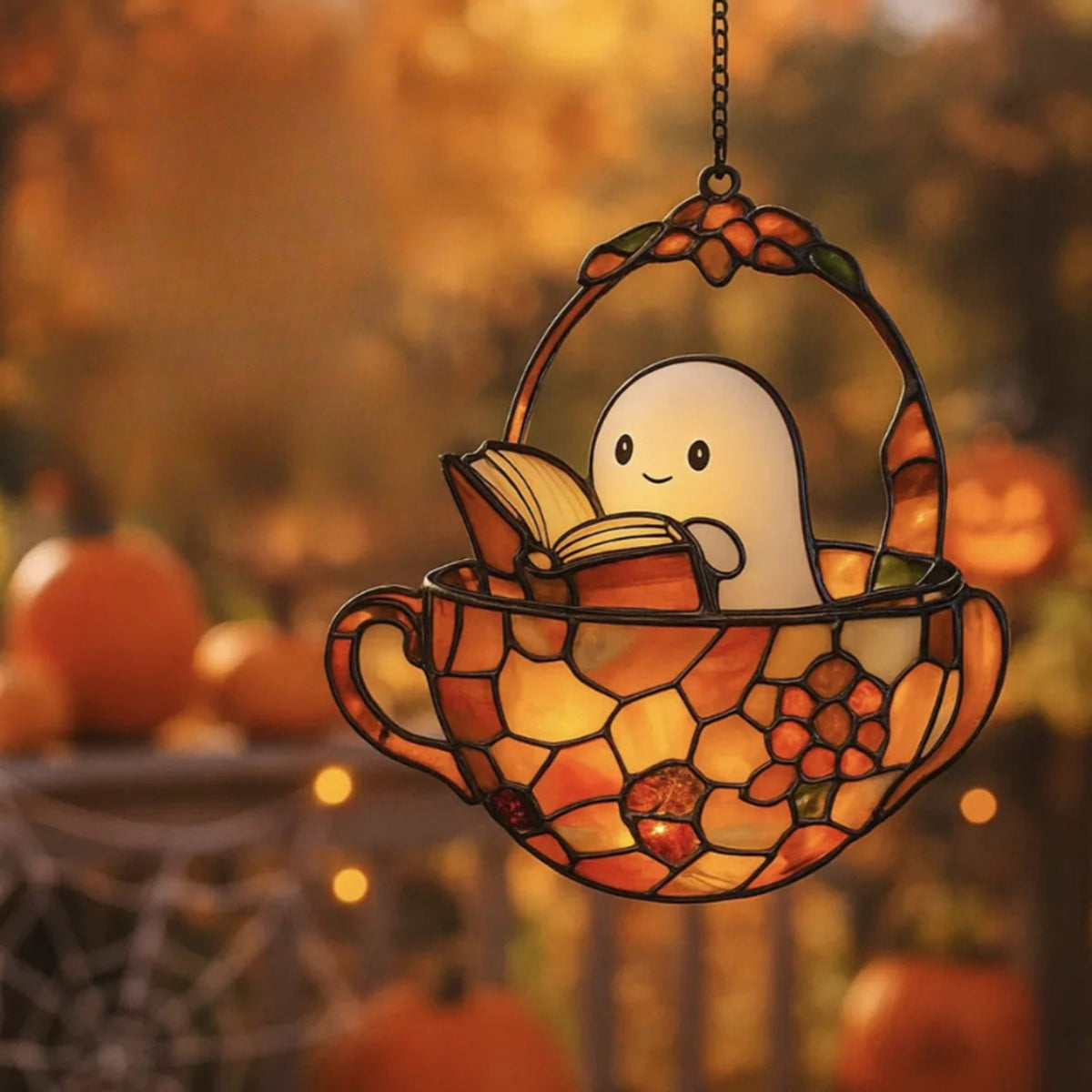 Halloween Suncatcher Stained Glass Hanging Window Decoration With Ghost And Book Design Sunlight-Reactive Color Effect For Decor - Image 5
