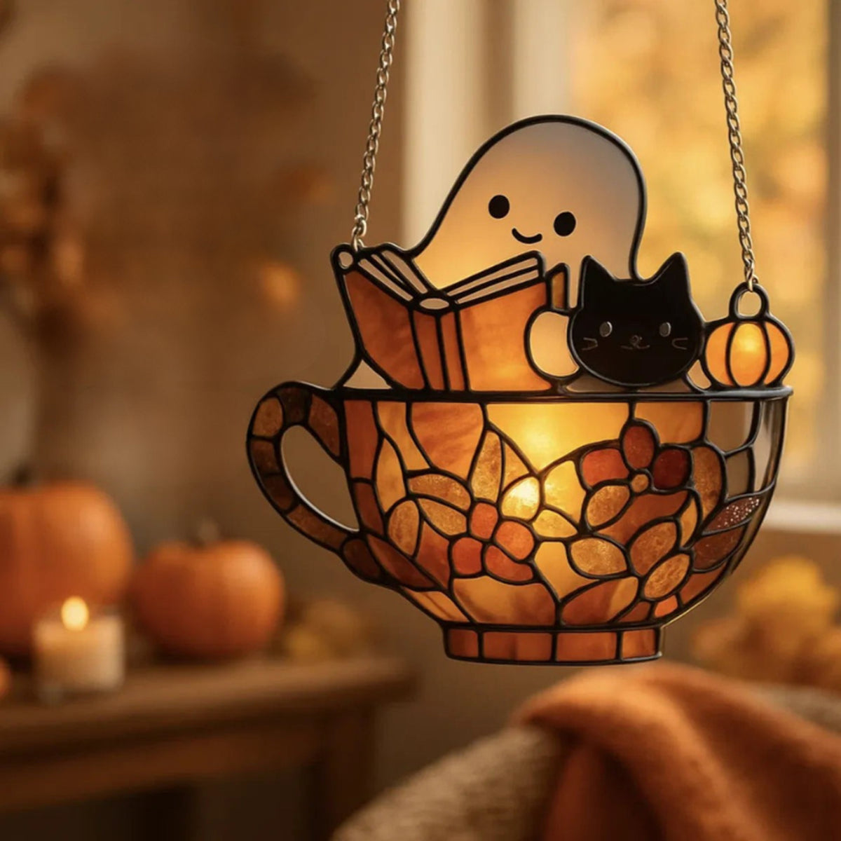 Halloween Suncatcher Stained Glass Hanging Window Decoration With Ghost And Book Design Sunlight-Reactive Color Effect For Decor - Image 6