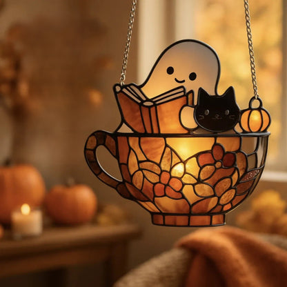 Halloween Suncatcher Stained Glass Hanging Window Decoration With Ghost And Book Design Sunlight-Reactive Color Effect For Decor - Image 6