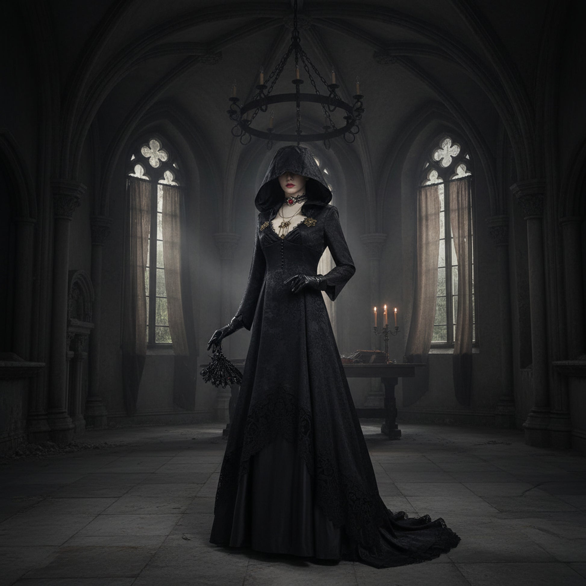 Halloween Vampire Costume Gothic Hooded Black Dress With Authentic Spooky Design - Image 1