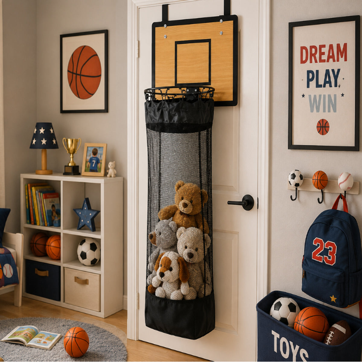 Hanging Storage Organizer With Basketball Hoop Design For Laundry And Toys - Image 1
