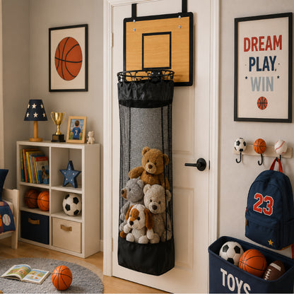Hanging Storage Organizer With Basketball Hoop Design For Laundry And Toys - Image 1